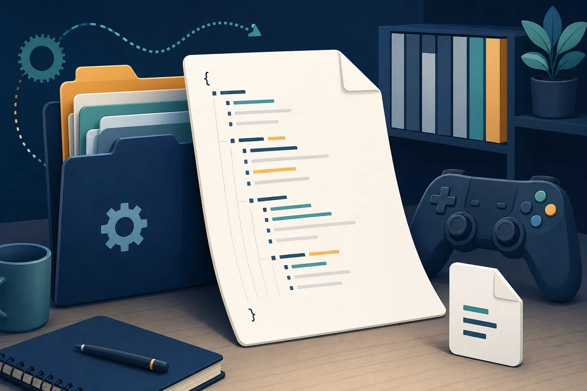 Illustration éditoriale d'un fichier ACF près de dossiers de bibliothèque Steam et d'une manette