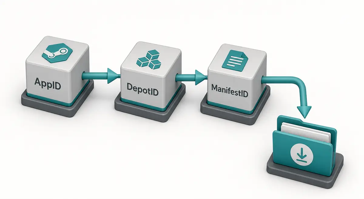 Editorial illustration of a DepotDownloader GitHub workflow with repository checks Steam depot IDs and a safe download folder