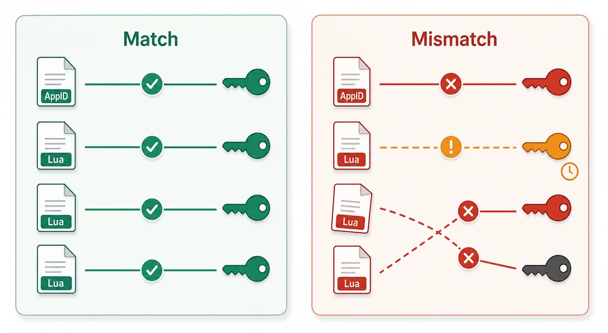 Matched and mismatched Steam Lua package files with AppID and key checks