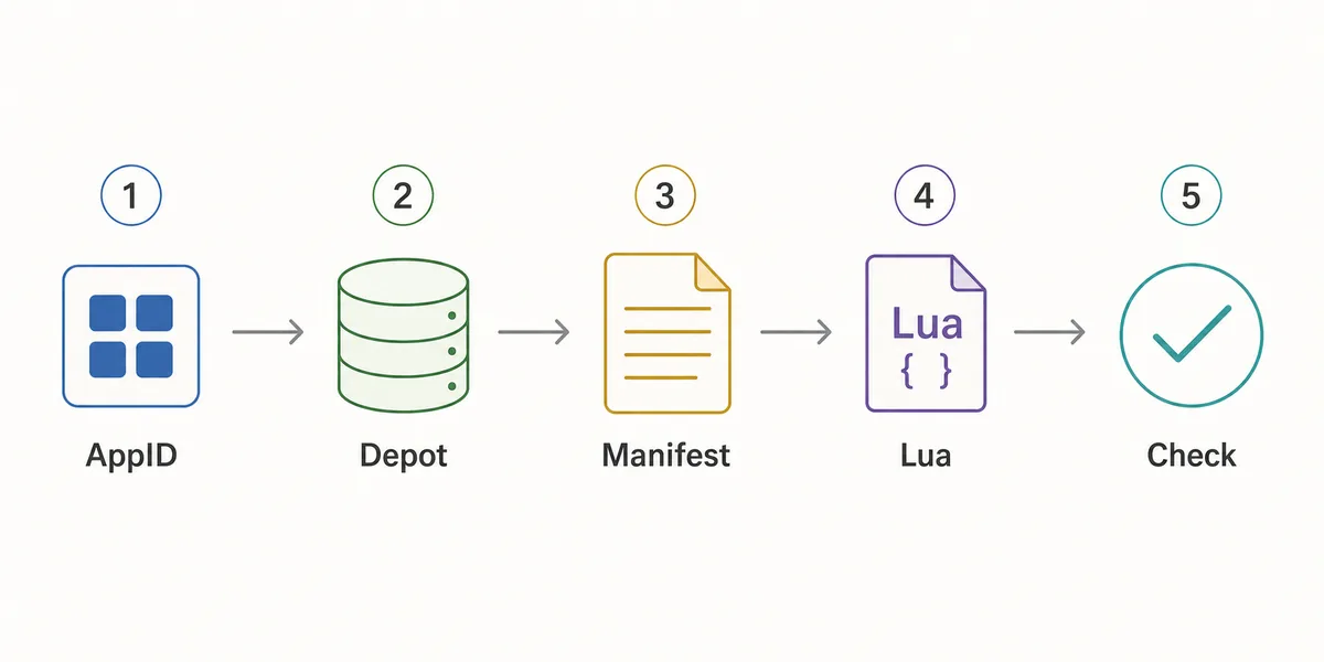 Five-step Steam Lua generator workflow from AppID to import check