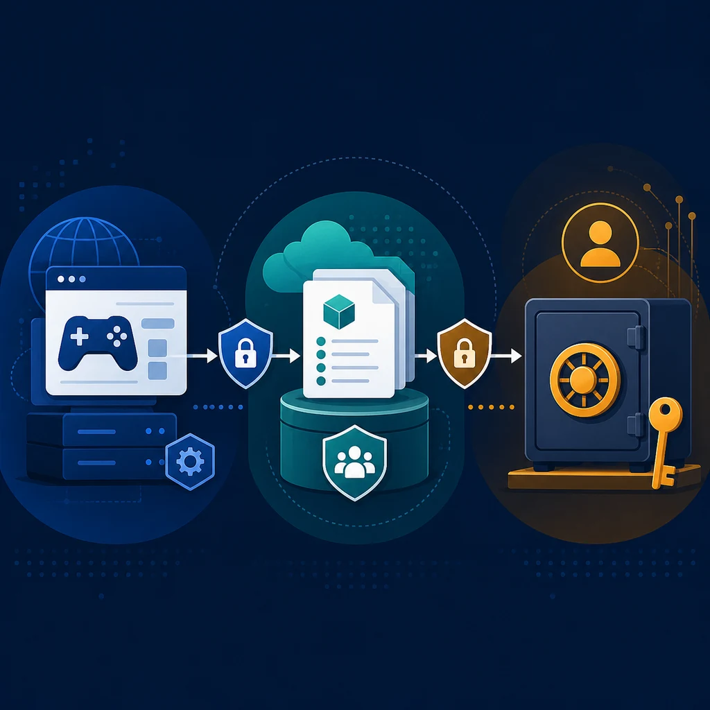 Redaktionelle Illustration mit Spieleplattform, Community-Manifest-Repository und sicherem API-Schlüsseltresor
