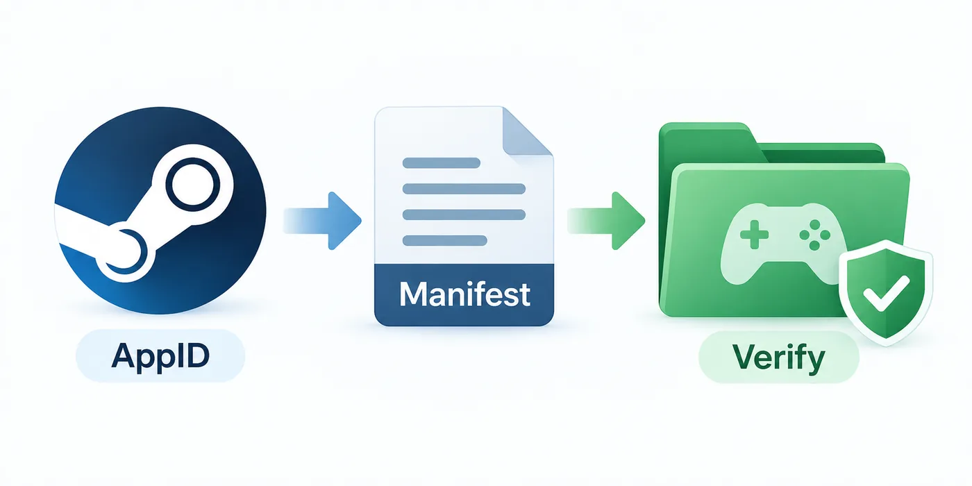 Editorial illustration showing a Steam AppID flowing into a verified manifest file and a protected local folder