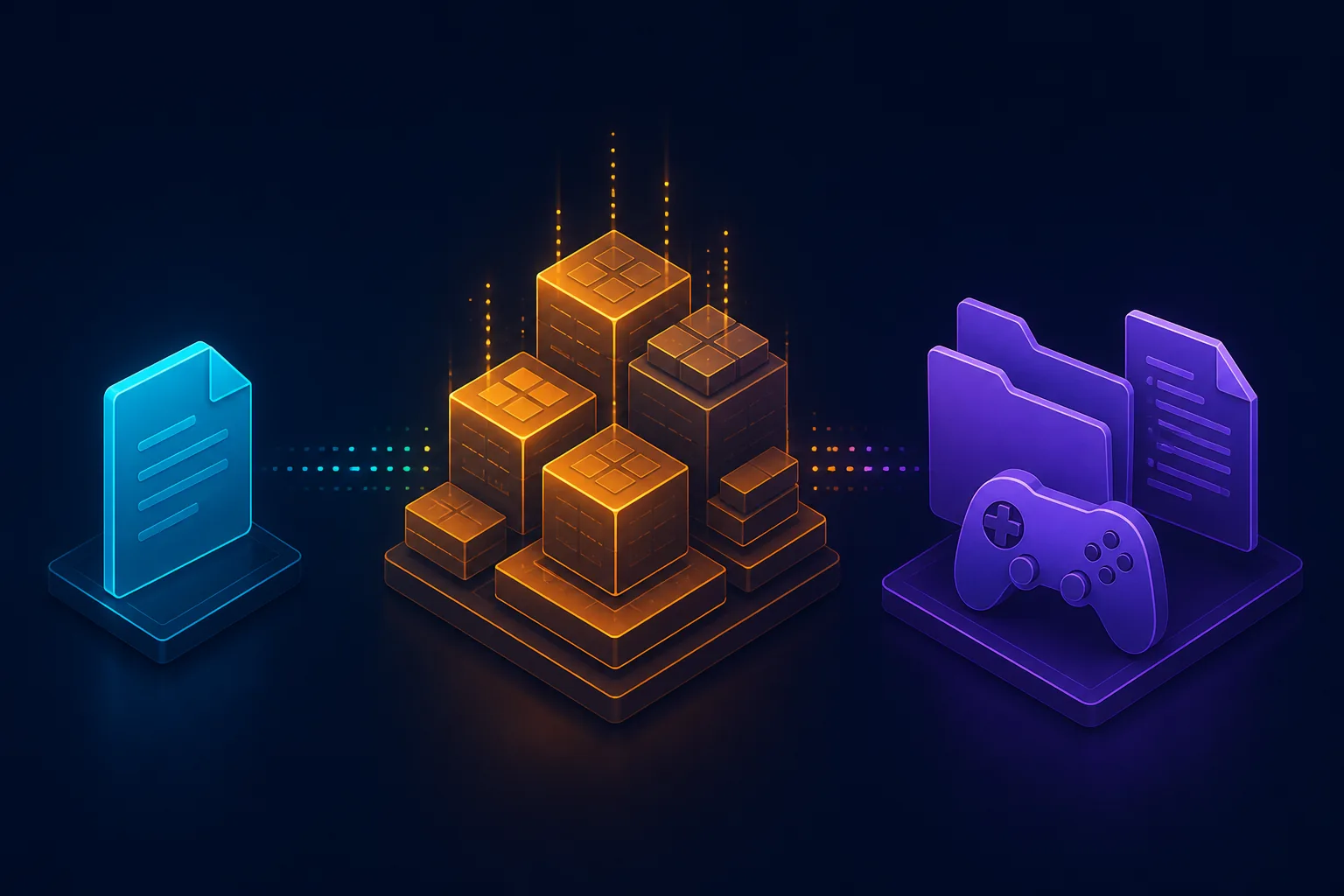 ローカルメタデータ文書、depot データブロック、スクリプト付きゲームフォルダーを示す文字なしの概念図