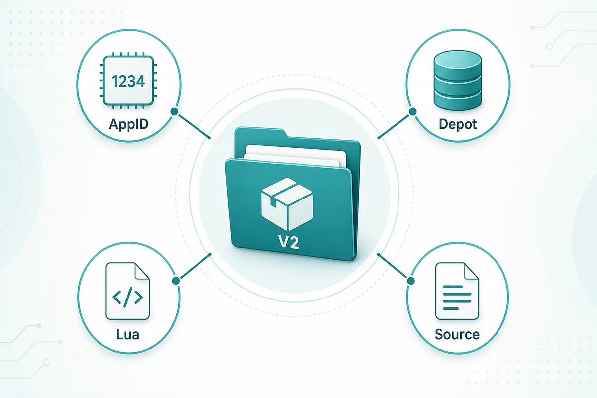 Diagrama editorial de pacote Steam Manifest V2 com AppID, depot manifest, script Lua e pontos de verificação