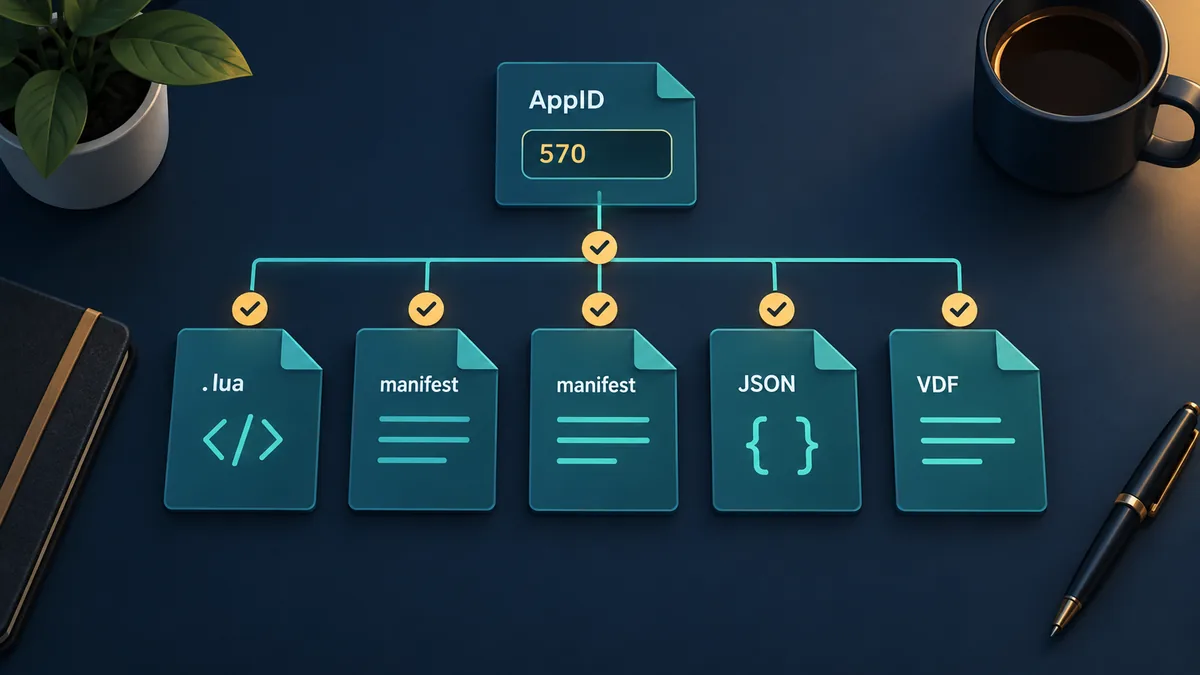 Redaktionelle Darstellung eines SteamTools-Lua-Manifest-Pakets von der AppID bis zur Prüfung