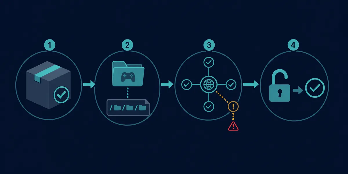 Vierstufiger Diagnoseweg für Release, Bibliothek, Netzwerk und Berechtigungen bei SteamTools