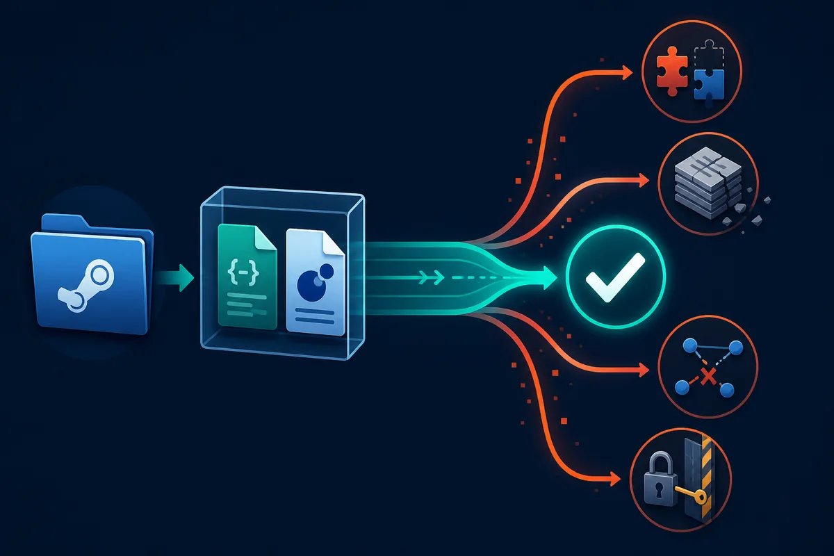 Redaktionelle Darstellung des SteamTools-Troubleshootings von Steam-Dateien bis zum geprüften Ergebnis