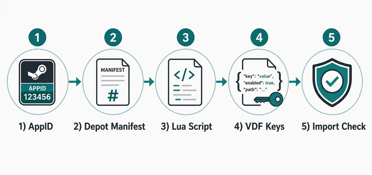 Grafico editoriale con AppID, manifest depot, script Lua, chiavi VDF e controllo di importazione per SteamTools