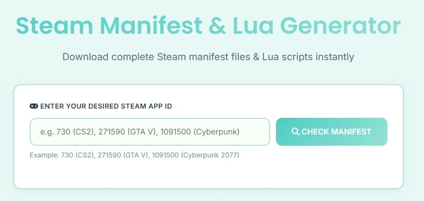 Steam Manifest & Lua Generator 도구 화면. AppID를 입력해 manifest 파일을 찾고 다운로드할 수 있습니다